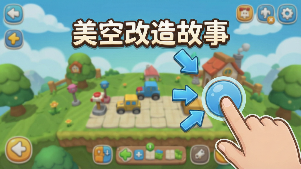 手机游戏界面截图,展示新手引导页面,画面中有箭头指示点击位置,背景是游戏主界面,风格为卡通UI,细节清晰,画质高清,干净无多余元素,画面中有“美空改造故事”的文字