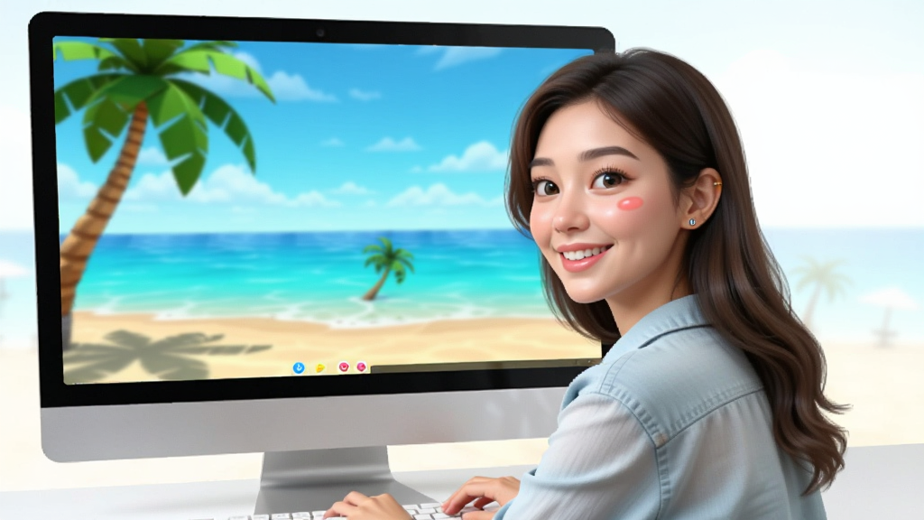 一张展示瞩目虚拟背景与美颜功能的图片,画面中一位女士坐在电脑前,屏幕中显示她身处一个虚拟的海滩背景中,人物面部经过美颜处理,肤色自然,背景色彩鲜艳,整体布局以人物和屏幕为中心,风格轻松明快,细节精致,画质高清,干净,无多余元素。