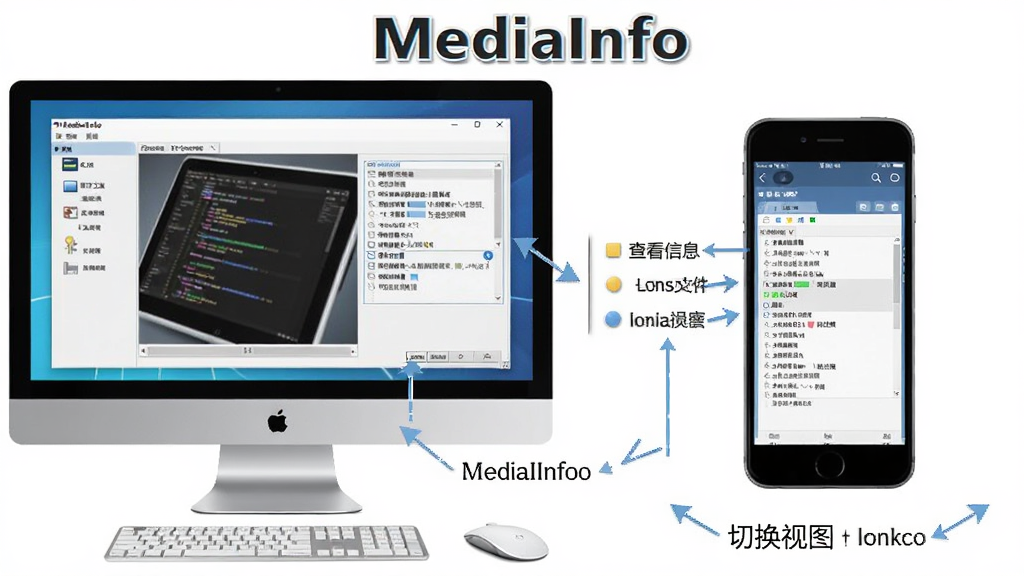 MediaInfo使用指南操作流程图,画面展示电脑端软件界面与手机端界面并排,标注打开文件、查看信息、切换视图等步骤,主体突出MediaInfo名称,布局采用左右对比,风格教程图解,细节清晰,画质干净