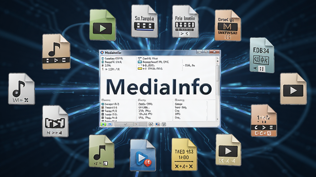 软件MediaInfo解析多种格式文件示意图,画面中多个不同格式的视频音频文件图标围绕软件界面排列,界面内显示各类编码参数,主体突出MediaInfo名称,布局采用中心放射式构图,风格科技感十足,细节表现文件类型多样,画质清晰干净