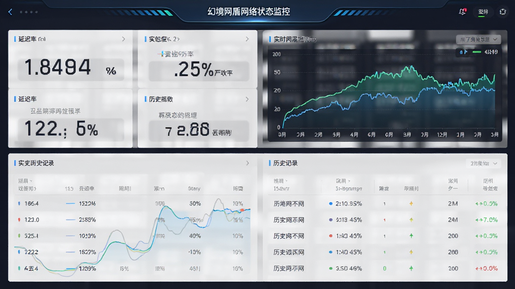 一幅幻境网盾网络状态监控面板的界面截图风格图片,主体为数据仪表盘与曲线图表,布局为上下结构,排版规整,风格为数据可视化科技风,细节包括延迟数字显示、丢包率百分比、实时网速曲线、历史记录列表,画质高清,干净,无多余元素