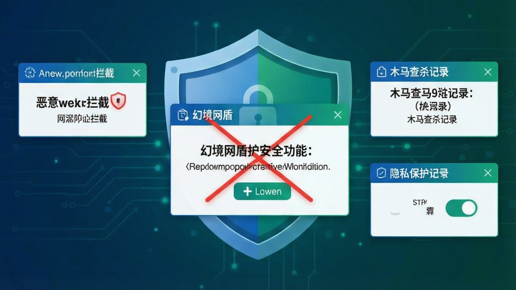 一张展示幻境网盾安全防护拦截功能的示意图,主体为盾牌图标与拦截提示窗口,布局居中对称,排版简洁明了,风格为安全防护主题的蓝绿配色,细节包括恶意网址拦截提示、木马查杀记录、隐私保护开关,画质高清,干净,无多余元素