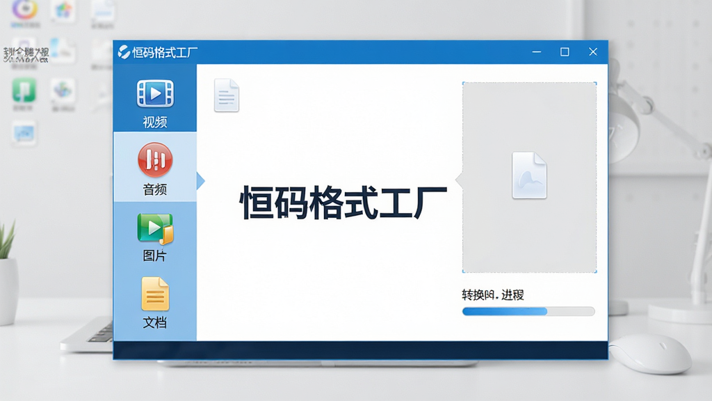 软件全貌展示图,画面中央是恒码格式工厂软件主界面,左侧垂直排列视频、音频、图片、文档等转换功能图标,右侧显示文件拖拽区域和转换进度条,界面风格简洁现代,蓝白配色,背景为干净的浅灰色桌面环境,屏幕中文字清晰可见“恒码格式工厂”字样,整体画质高清,细节锐利,无多余杂物。