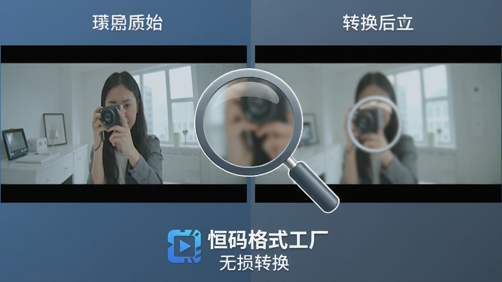 恒码格式工厂画质对比示意图,画面左侧显示原始视频画面,右侧显示转换后的视频画面,两者清晰度肉眼难辨差异,中间有放大镜图标突出细节对比,底部有“恒码格式工厂”标识和“无损转换”文字,整体风格简洁专业,配色以蓝灰为主,画质细腻,无多余元素。