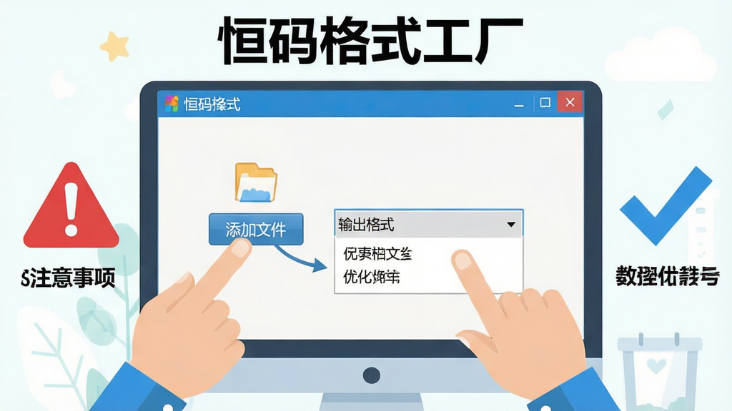 恒码格式工厂新手操作示意图,画面显示电脑屏幕上的软件界面,一只手指向“添加文件”按钮,另一只手指向输出格式下拉菜单,屏幕旁边有红色警告标志和蓝色对勾标志分别标注注意事项和优化建议,整体风格扁平化教学插图,配色明快,文字包含“恒码格式工厂”,画质清晰,无杂乱背景。