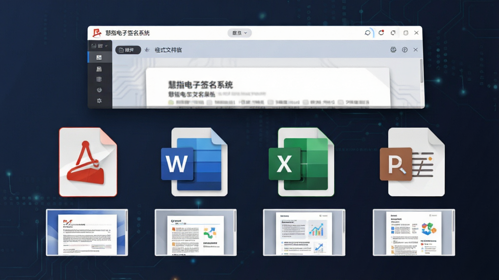 一张展示慧指电子签名系统多格式文档兼容的图片,画面中并列显示PDF、Word、Excel等文件图标,图标下方有对应的文档预览小图,软件界面悬浮于上方,风格为扁平化科技风,细节包括文件图标的色彩区分、界面阴影层次,画质清晰干净,无多余元素