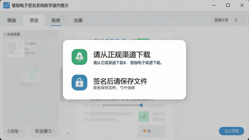 一张展示慧指电子签名系统新手操作提示的图片,画面为软件界面截图,界面中弹出提示框显示“请从正规渠道下载”和“签名后请保存文件”等文字,背景为浅灰色,风格为扁平化提示风,细节包括提示框圆角、图标颜色、文字排版,画质清晰干净,无多余元素