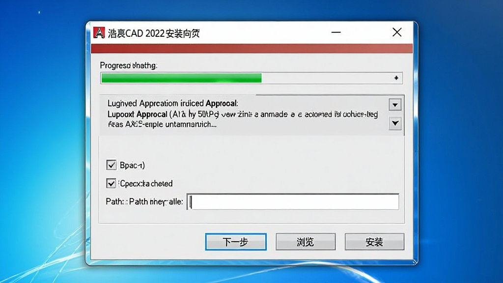 一张展示浩辰CAD 2022安装向导界面的截图风格图,主体为安装程序窗口,布局采用居中弹窗形式,排版包含“下一步”“浏览”“安装”按钮,风格为Windows经典安装界面写实风,细节包含进度条、许可协议勾选框、路径输入框,画质清晰干净无多余元素
