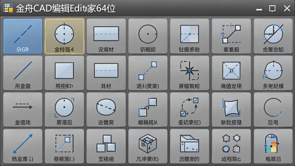 一张展示金舟CAD编辑器64位绘图工具面板的特写图,主体为软件工具栏中的各类绘图命令图标,布局采用网格状排列,排版紧凑有序,风格为写实软件截图风格,细节包括直线、圆、矩形、多段线等图标的高亮选中状态,画质高清,干净,无多余元素