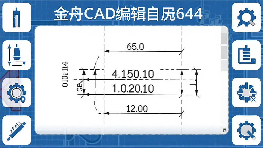一张展示金舟CAD编辑器64位测量与标注功能的场景图,主体为CAD图纸中的尺寸标注线与测量数值,布局以图纸局部为中心,排版四周环绕测量工具图标,风格为工程蓝图质感,细节包括标注箭头、数值文本、测量辅助线,画质高清,干净,无多余元素