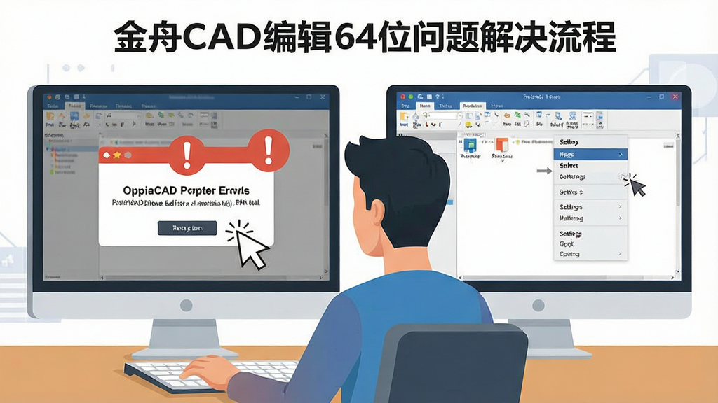 一张展示金舟CAD编辑器64位问题解决流程的示意图,主体为电脑屏幕前用户正在操作软件的画面,布局采用左右对比形式,左侧为报错提示弹窗右侧为正常操作界面,排版清晰直观,风格为扁平化插画风格,细节包括感叹号图标、鼠标点击动作、设置菜单展开状态,画质高清,干净,无多余元素