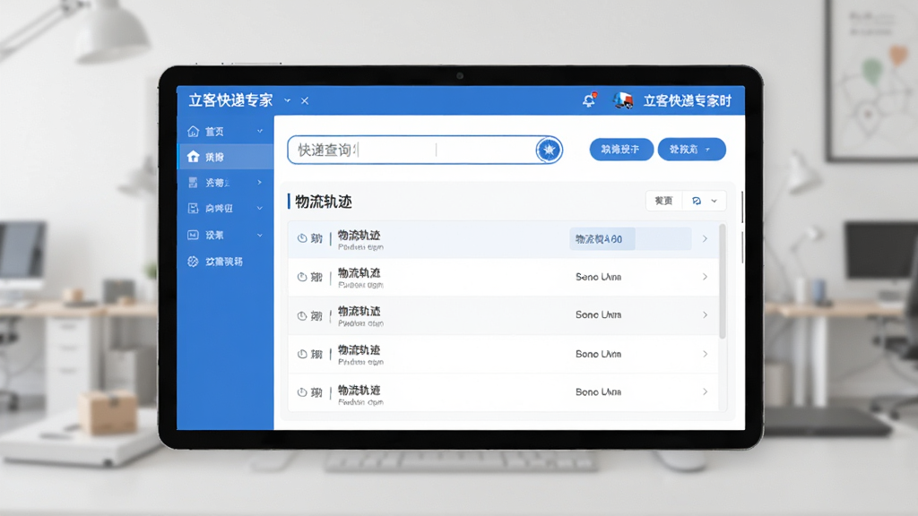 软件主界面展示图,画面中央为立客快递专家软件界面,包含快递查询输入框、物流轨迹列表和功能导航栏,界面风格简洁现代,整体布局清晰,采用扁平化设计,色调以蓝色和白色为主,画面干净整洁,高清画质,无多余元素