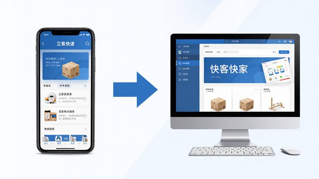 立客快递专家移动端与电脑端操作对比示意图,画面左侧展示手机界面,右侧展示电脑界面,中间用箭头连接,风格简洁明了,布局对称,色调统一,高清画质,干净无多余元素
