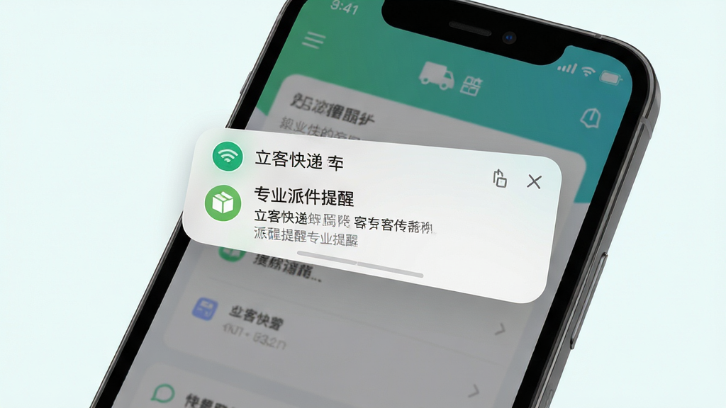 立客快递专家派件提醒功能展示图,画面展示手机通知栏弹出快递派件提醒消息,背景为软件界面,风格现代简洁,布局清晰,色调清新,高清画质,干净无多余元素