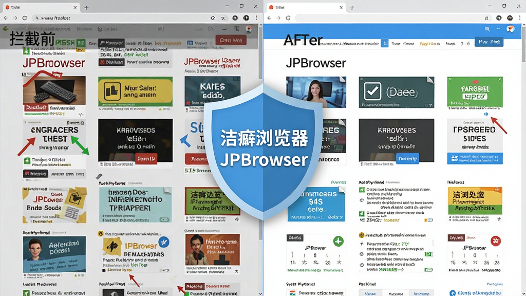 一幅展示洁癖浏览器 JPBrowser 广告拦截效果的对比示意图,左侧为拦截前布满广告的杂乱网页,右侧为拦截后干净整洁的同一页面,中间用带有“洁癖浏览器 JPBrowser”字样的盾牌图标分隔,布局左右对称,风格扁平化,细节强调清爽与杂乱的对比,画质清晰,干净无多余元素