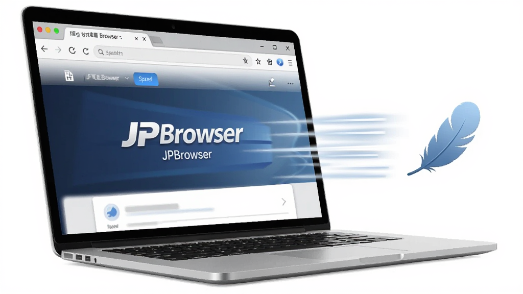 一张表现洁癖浏览器 JPBrowser 轻量极速特性的概念图,画面中一台笔记本电脑屏幕显示浏览器运行流畅,旁边有速度线和小巧的羽毛图标,背景为纯净的白色,布局简洁,风格科技感,细节突出轻盈与快速,画质清晰,干净无多余元素