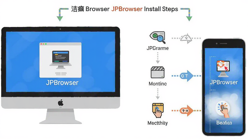 一张展示洁癖浏览器 JPBrowser 安装步骤的流程图,画面分为电脑端和移动端两个分支,每个步骤配有简洁的图标和文字说明,布局清晰,风格扁平化,细节突出关键操作点,画质清晰,干净无多余元素