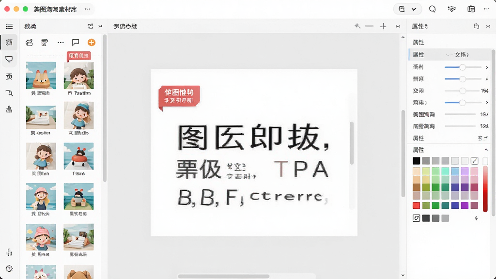 美图淘淘素材库与文字编辑界面,主体为软件内的素材面板与画布区域,布局为左侧素材分类列表、中间画布、右侧属性调整栏,排版整齐有序,风格为清新浅色系设计,细节包含促销标签、字体预览、颜色选择器,画质高清,干净,无多余元素