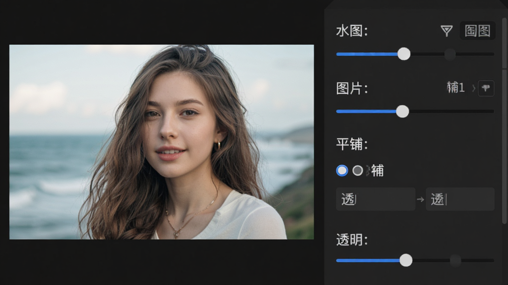 美图淘淘水印设置面板,主体为水印参数调整界面,布局为左侧预览图、右侧参数滑块与输入框,排版采用竖向排列,风格为专业工具风格,细节包含文字水印、图片水印、平铺选项、透明度滑块,画质清晰,干净,无多余元素