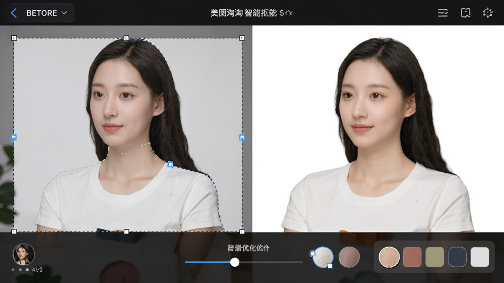 美图淘淘智能抠图功能演示,主体是一张商品图正在被自动分离背景,布局为左侧原图、右侧抠图结果对比,排版采用上下结构展示处理前后差异,风格为科技感工具界面,细节包含虚线选区、边缘优化滑块、背景色块选项,画质清晰,干净,无多余元素