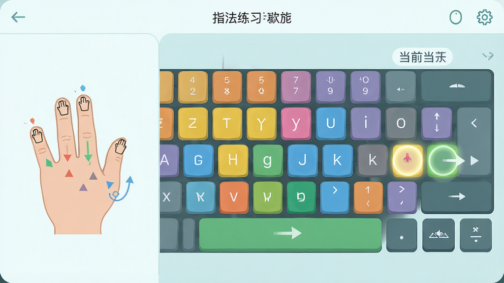 指法练习打字软件中科学指法引导功能的界面展示,画面主体为彩色键盘分区图,每个手指对应不同颜色区块,屏幕左侧显示手指分工示意图,右侧有当前按键的高亮提示,布局为左右分栏,排版整齐,风格为清新浅色系扁平化设计,细节包括手指图标、彩色键位、引导箭头,画质高清,干净无多余元素