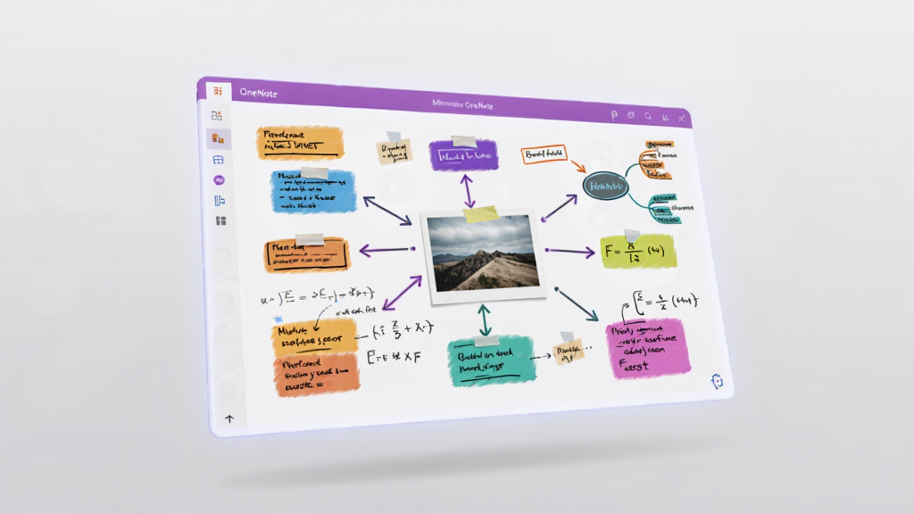 一张以 Microsoft Office OneNote 无限画布为概念的创意插图,中心是一块悬浮的白色画板,画板表面散布着彩色文本框、箭头连接的思维导图、手写公式和一张贴入的照片。布局以画板为主体,四周留白。风格为科技创意风,细节上画板边缘有淡淡的光晕,背景是渐变的浅灰色。画质清晰,画面干净,无多余元素。