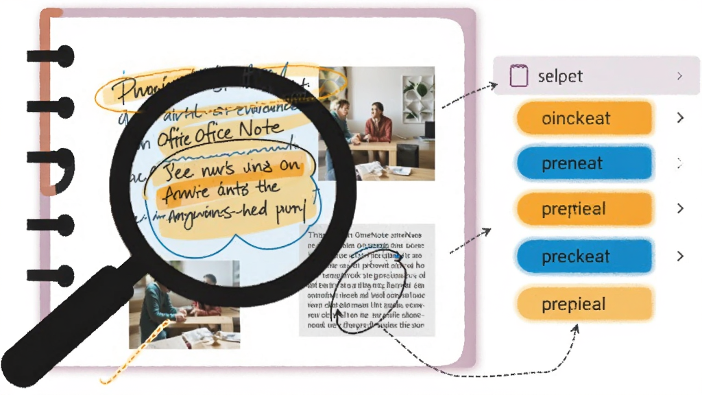 一幅表现 Microsoft Office OneNote 搜索与标签功能的示意图,画面左侧是一个放大镜图标照向笔记本页面,页面上的手写文字和图片中的印刷字被高亮圈出,右侧浮现出彩色标签筛选面板。布局左右呼应,排版直观。风格为扁平化信息图,细节上高亮色使用橙黄与天蓝对比,背景为纯白。画质干净,无多余元素。