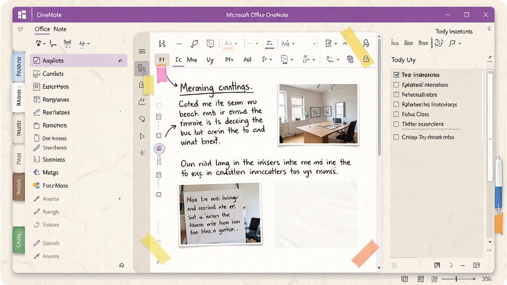 一张展示 Microsoft Office OneNote 软件界面的全景图,主体为打开的电子笔记本,左侧是分区标签列表,中间是带有手写文字和图片的笔记页面,右侧是待办事项清单。布局采用三分栏结构,排版清晰有序。风格为现代办公简约风,细节上屏幕显示柔和的纸张纹理背景,页面角落有彩色标签贴纸。画质高清,画面干净,无多余元素。