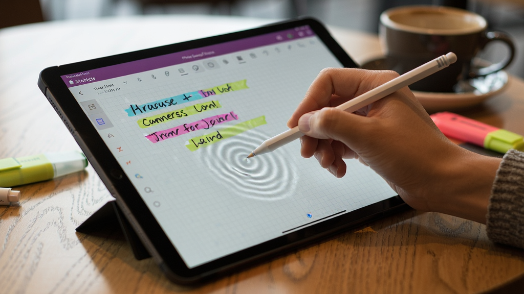 一张展示 Microsoft Office OneNote 在平板设备上手写笔记场景的照片,主体是手持触控笔在屏幕上书写,屏幕显示带有网格线的笔记页面,旁边有彩色荧光笔标记。布局以手和屏幕为视觉中心,背景为虚化的咖啡厅桌面。风格为生活化实拍感,细节上笔尖与屏幕接触处有轻微的水波纹反馈。画质清晰,画面干净,无多余元素。