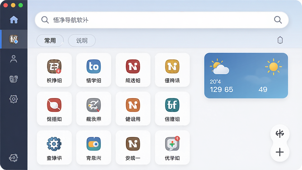 悟净导航软件主界面全貌展示,主体为简洁清爽的导航主页,布局为顶部搜索框加下方分类网址图标网格,排版整齐有序,风格现代极简,细节包含常用网站图标、分类标签、天气小部件,画质高清,画面干净,无多余元素