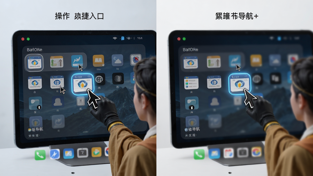 悟净导航自定义快捷入口功能展示,主体为用户正在拖拽添加网站图标到首页,布局为分屏展示操作前后对比,排版清晰,风格科技感十足,细节包含鼠标指针、图标高亮、分类标签,画质高清,画面干净,无多余元素