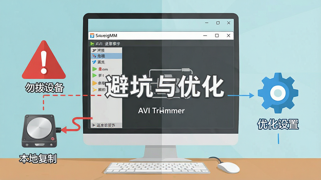 SolveigMM AVI Trimmer 运行注意事项示意图,画面为电脑桌面与软件窗口,窗口旁有红色警示标志指向移动硬盘图标,另一侧有蓝色齿轮图标表示优化设置,主体突出避坑与优化,布局为左右对比,排版清晰,风格为扁平化信息图,细节包含文字标签“勿拔设备”与“本地复制”,画质高清,干净,无多余元素