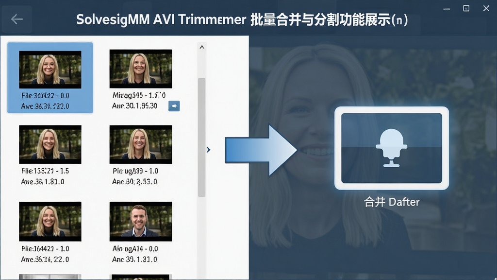 SolveigMM AVI Trimmer 批量合并与分割功能展示,画面左侧为多个 AVI 文件缩略图列表,右侧为合并后的单一文件图标,中间有箭头表示处理流程,主体突出批量操作,布局为左右分栏,排版整齐,风格为简约商务风,细节包含文件大小与时长信息,画质高清,干净,无多余元素