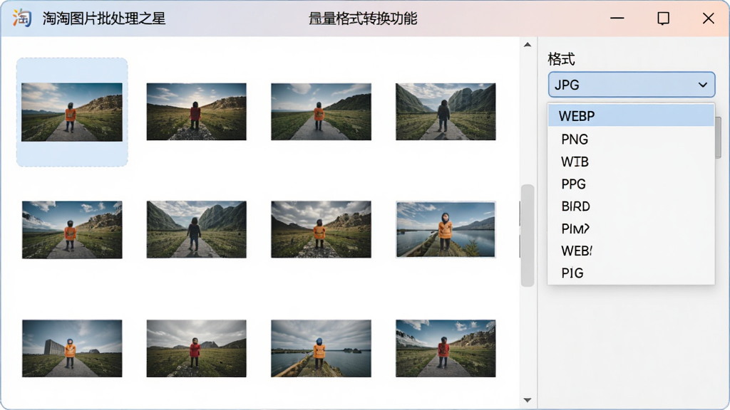 淘淘图片批处理之星批量格式转换功能界面,画面展示软件窗口内多张图片缩略图排列,右侧格式选项下拉菜单展开,显示JPG、PNG、WEBP等格式列表,界面风格清爽,配色柔和,布局对称,画质干净清晰,无多余装饰元素