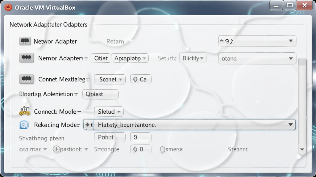 一张描绘 Oracle VM VirtualBox 网络设置界面的图片,画面展示网络适配器选项和连接模式下拉菜单,背景为浅色科技风格,布局规整,细节包含网卡图标和配置参数,画质清晰干净