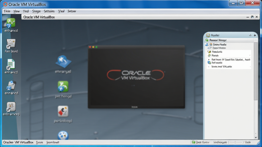 一张展示 Oracle VM VirtualBox 虚拟机运行中的桌面截图,画面中虚拟机窗口内显示操作系统界面,窗口边缘有菜单栏和状态栏,整体风格写实,布局规整,细节包含增强功能图标,画质清晰干净无多余元素