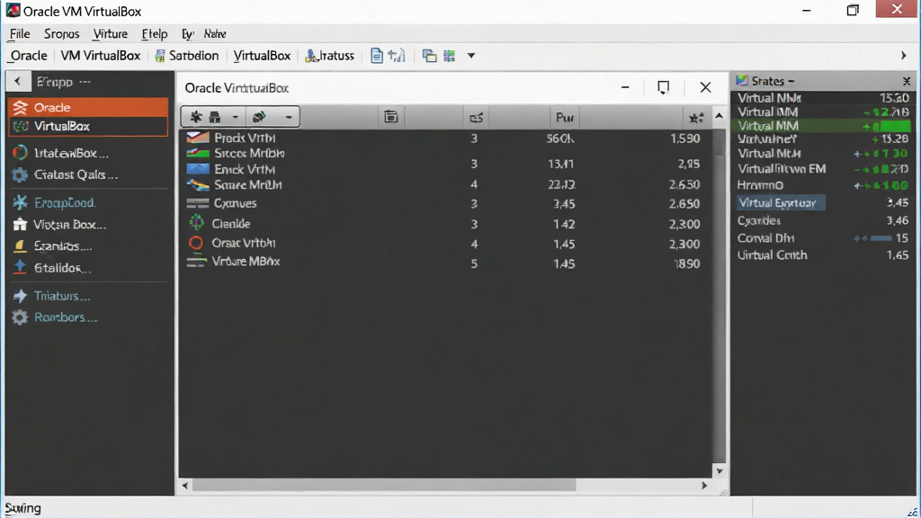 一张展示 Oracle VM VirtualBox 软件主界面的图片,画面中央是虚拟机列表窗口,左侧为功能导航栏,右侧显示虚拟机运行状态,整体布局清晰,风格简洁科技感,细节包含菜单栏和工具栏按钮,画质清晰干净无多余元素