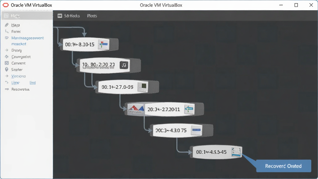 一幅展示 Oracle VM VirtualBox 快照管理功能的示意图,画面中有多个时间点快照节点,通过箭头连接形成历史记录树,界面风格现代简洁,布局清晰,细节突出快照恢复按钮,画质干净无多余元素