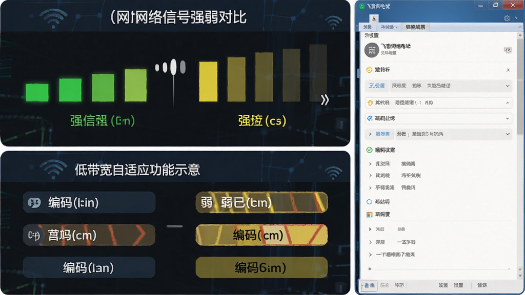 飞音网络电话低带宽自适应功能示意图,主体为网络信号强弱对比图与软件设置界面,布局为上下结构,上方显示信号格变化,下方显示编码选项,排版直观,风格为技术说明风,细节包括绿色强信号、黄色弱信号、编码名称标签,画质高清,画面干净,无多余元素