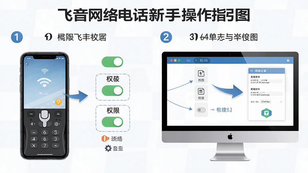 飞音网络电话新手操作指引图,主体为手机与电脑屏幕并排展示操作步骤,布局为左右对照,排版清晰,风格为教程图解风,细节包括步骤编号、箭头指示、权限开关图标、网络设置界面,画质高清,画面干净,无多余元素