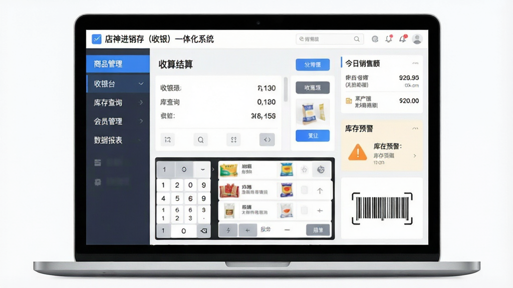 一张宽幅的软件界面展示图,主体是一台打开的笔记本电脑屏幕,屏幕上显示着“店神进销存(收银)一体化系统”的主界面,界面左侧有商品管理、收银台、库存查询、会员管理、数据报表等菜单栏,中间是收银结算区域,右侧是今日销售额和库存预警提示。布局采用三分栏排版,风格为现代简约商务风,细节包括清晰的按钮图标、数字键盘、商品列表和条形码扫描区域,画质清晰,画面干净,无多余元素。