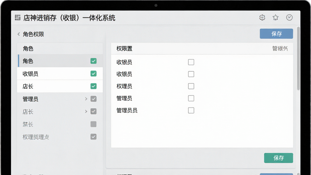 一张权限设置界面的图片,主体是“店神进销存(收银)一体化系统”的角色权限配置页面,屏幕上显示角色列表和权限勾选框,内容为收银员、店长、管理员等角色。布局为左右分栏排版,风格为浅灰质感,细节包括勾选状态、灰色禁用项、保存按钮,画质清晰,画面干净,无多余元素。