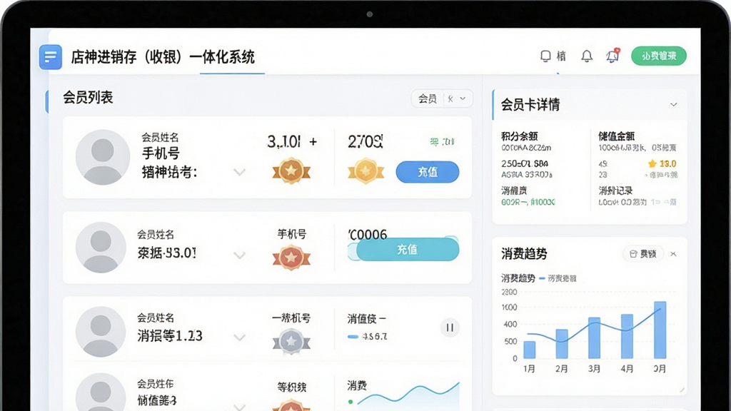 一张会员管理界面的图片,主体是“店神进销存(收银)一体化系统”的会员列表和会员卡详情页面,屏幕上显示会员姓名、手机号、积分余额、储值金额和消费记录。布局为卡片式排版,风格为清新浅色系,细节包括会员头像占位符、等级徽章、充值按钮和消费趋势小图表,画质清晰,画面干净,无多余元素。