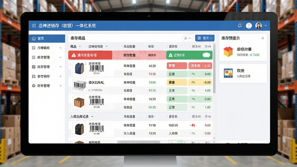 一张仓库管理场景的图片,主体是“店神进销存(收银)一体化系统”的库存管理界面,屏幕上显示商品列表、库存数量、预警状态和入库出库记录。布局为全屏软件截图风格,左侧是功能导航,中间是数据表格,右侧是库存预警提示框。风格为扁平化UI设计,细节包括红色预警标识、绿色正常库存标识、条形码和商品缩略图,画质清晰,画面干净,无多余元素。