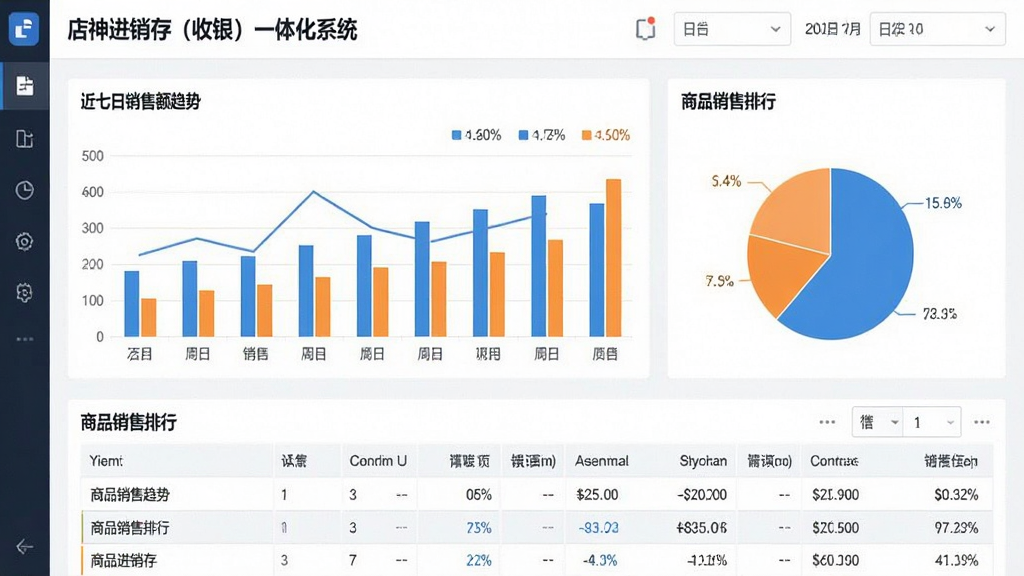 一张数据报表界面的图片,主体是“店神进销存(收银)一体化系统”的销售报表页面,屏幕上显示柱状图、饼图和数据表格,内容为近七日销售额趋势和商品销售排行。布局为仪表盘式排版,风格为简约商务风,细节包括蓝色和橙色的图表配色、百分比数字、日期筛选器,画质清晰,画面干净,无多余元素。