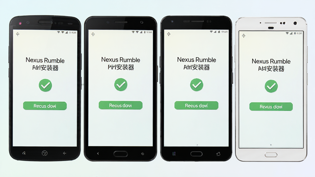 AI生图,画面主体为多部不同品牌手机并排展示,每部手机屏幕上都显示“Nexus Rumble安装器”的兼容性检测通过界面,布局采用横向排列,风格为清新简约,细节包括手机边框差异、屏幕对勾图标、背景浅色渐变,画质清晰,干净,无多余元素