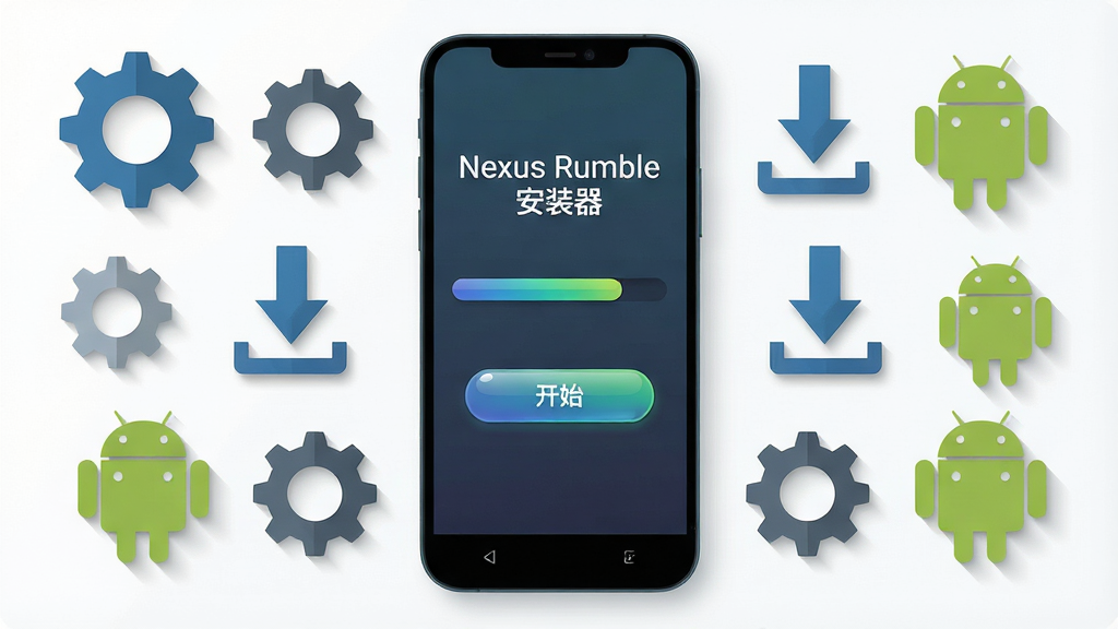 软件核心全貌展示图,画面中央放置一部智能手机,手机屏幕上显示“Nexus Rumble安装器”主界面,界面包含安装进度条与开始按钮,手机周围环绕齿轮、下载箭头与安卓机器人图标,布局采用居中对称式,风格为扁平化科技风,细节包括按钮高光、进度条渐变、图标阴影,画质清晰,干净,无多余元素