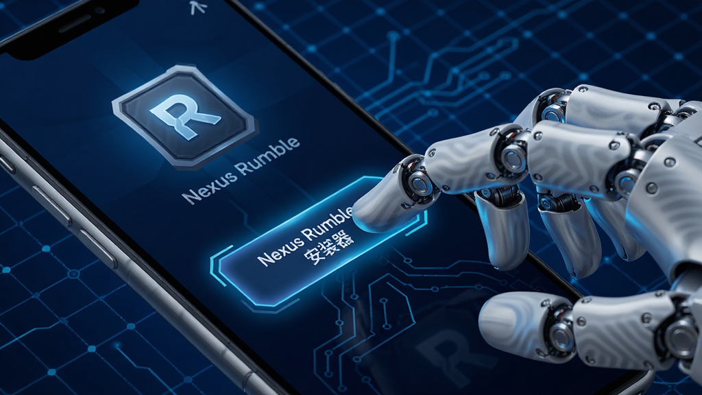 AI生图,画面主体为一只机械手正在点击手机屏幕上的“Nexus Rumble安装器”安装按钮,背景为深蓝色科技网格,布局采用对角线构图,风格为未来科技感,细节包括按钮发光、机械手指纹路、网格线条渐变,画质高清,干净,无多余元素
