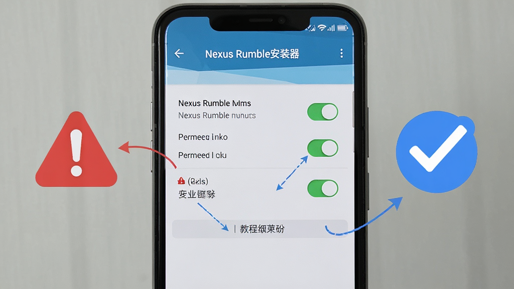 AI生图,画面主体为一部手机屏幕显示“Nexus Rumble安装器”的权限设置界面,旁边有一个红色警告图标与蓝色对勾图标对比,布局采用左右分栏,风格为教程指引风,细节包括权限开关、文字标注、箭头指示,画质清晰,干净,无多余元素