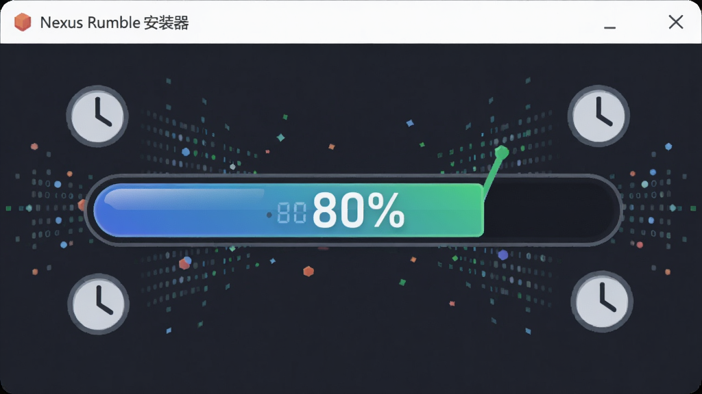 AI生图,画面主体为“Nexus Rumble安装器”的安装进度条特写,进度条显示80%,周围环绕数据流与时钟图标,布局采用横向居中排版,风格为简约扁平化,细节包括进度条光泽、数字跳动效果、数据流粒子,画质清晰,干净,无多余元素
